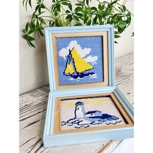 Vintage Nautical Blue Yellow Coastal Lighthouse Sailboat Framed Needlepoints Set